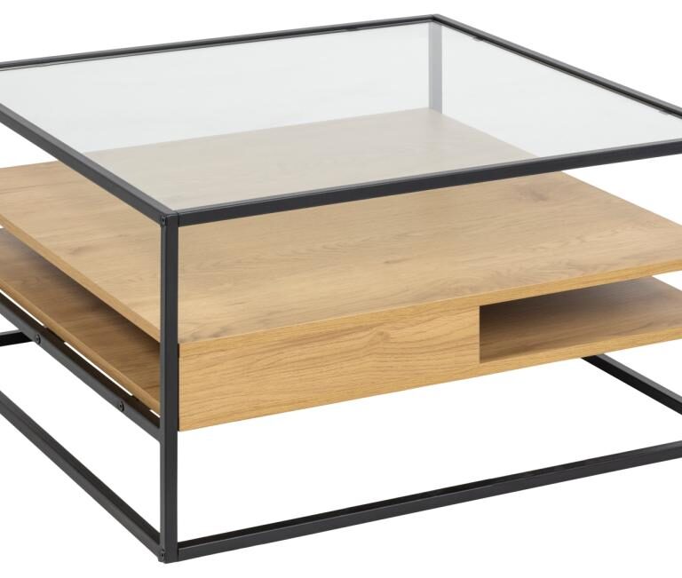 ACT NORDIC Randolf sofabord, m. 2 hylder - klar glas, natur vild eg melamin, mat sort stål (80x80)