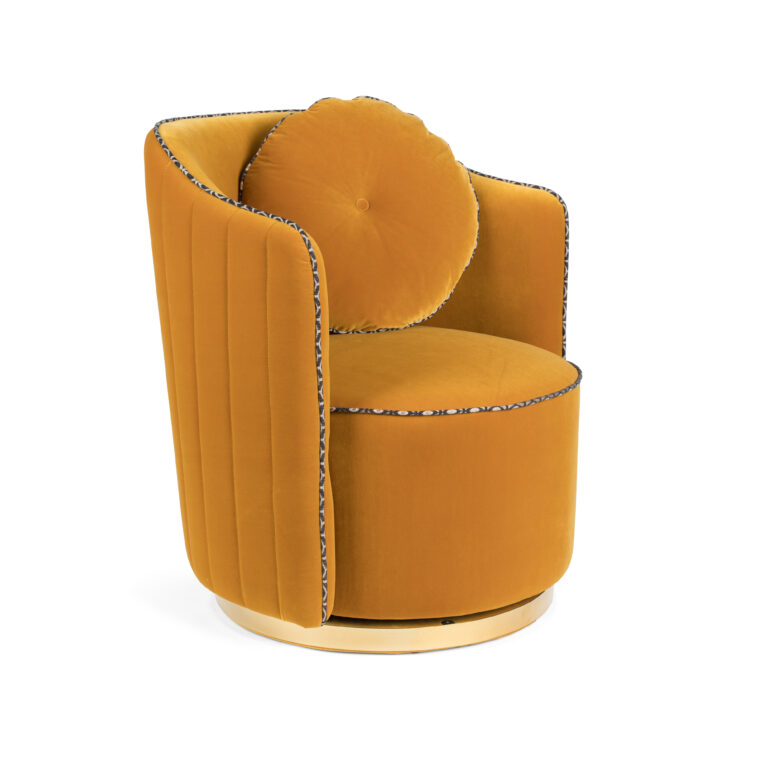 BOLD MONKEY Sassy Granny drejestol, m. armlæn og pude - okkergul fløjl polyester og messing stål