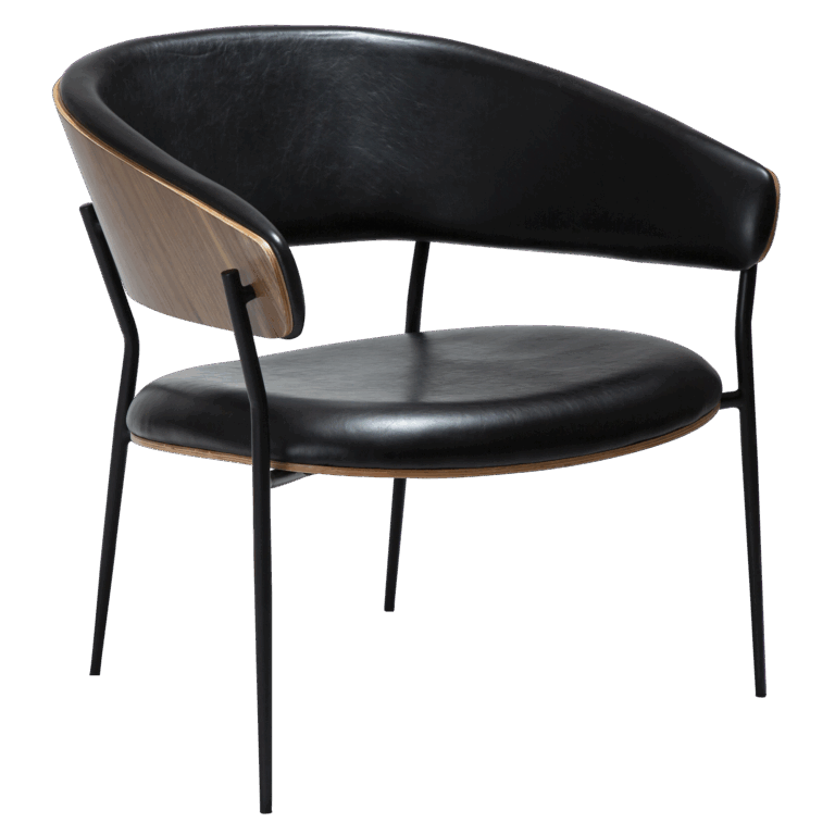 DAN-FORM CRIB loungestol, m. armlæn - Vintage sort kunstlæder, valnøddefiner og sort metal