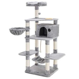 FEANDREA kradsetræ, 7 niveauer, 1 platform, 1 hule, 1 pompon, 1 kurv, 1 hængekøje - lysegrå plys