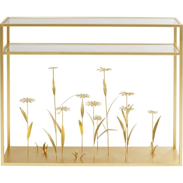 KARE DESIGN rektangulær Flower Meadow Gold konsolbord, m. hylde - klar glas og guld stål (100x25)