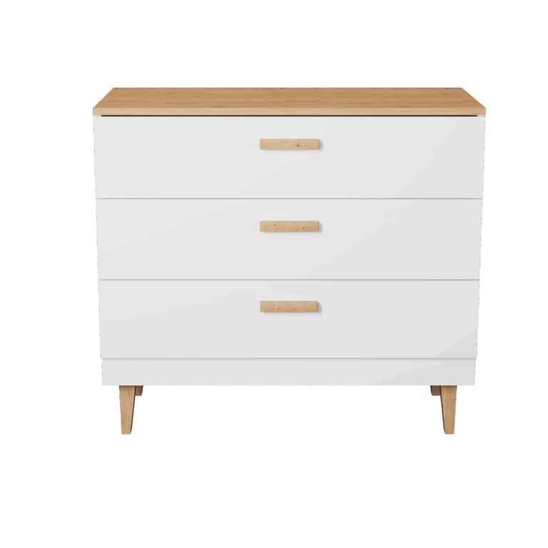 KOCOT Denver kommode, m. 3 skuffer - hvid spånplade og natur hickory/egetræs finér