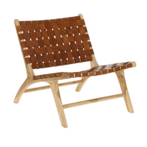 LAFORMA Calixta loungestol, u. armlæn - brunt håndflettet læder og natur teaktræ