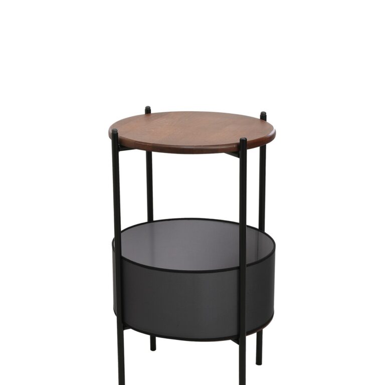 NORDVÄRK 1028 sidebord, m. sort kurv, rund - valnøddefarvet bøgetræ og sort metal (Ø40)