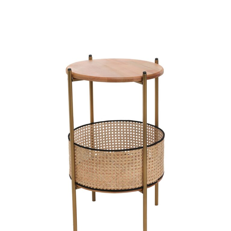 NORDVÄRK 1029 sidebord, m. kurv, rund - egetræsfarvet bøgetræ og guld metal (Ø40)