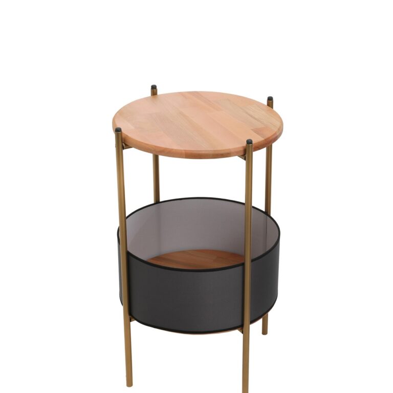 NORDVÄRK 1029 sidebord, m. sort kurv, rund - egetræsfarvet bøgetræ og guld metal (Ø40)