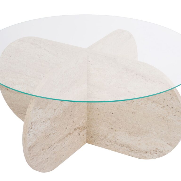 NORDVÄRK Aeris sofabord, rund - klar glas og Travertin melamin (Ø75)