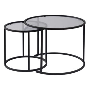 NORDVÄRK Aurum sofabordssæt, rund - grå glas og sort metal (Ø60, Ø42) (Sæt med 2)