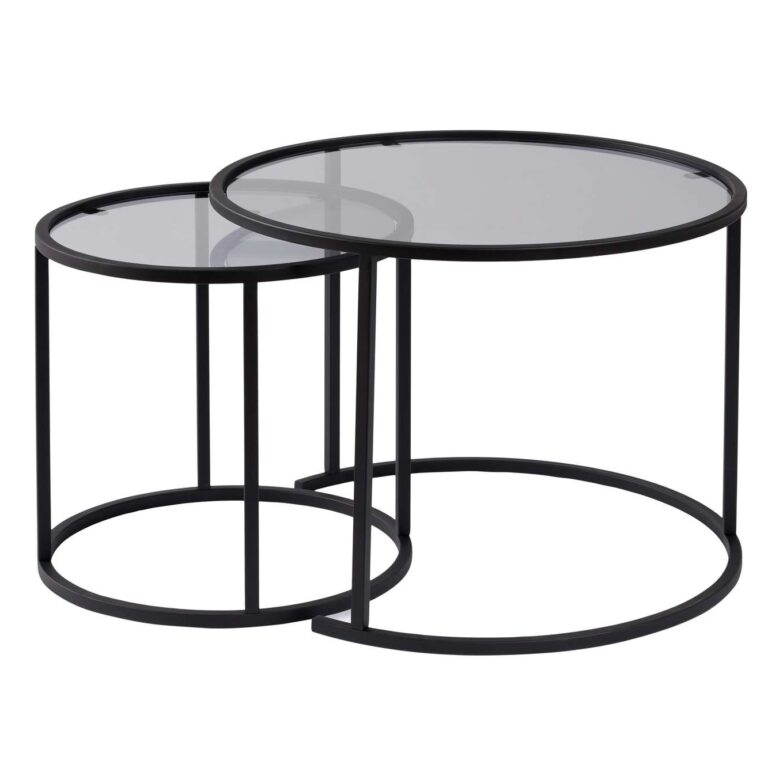 NORDVÄRK Aurum sofabordssæt, rund - grå glas og sort metal (Ø60, Ø42) (Sæt med 2)