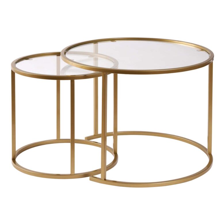 NORDVÄRK Aurum sofabordssæt, rund - klar glas og guld metal (Ø60, Ø42) (Sæt med 2)
