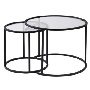 NORDVÄRK Aurum sofabordssæt, rund - klar glas og sort metal (Ø60, Ø42) (Sæt med 2)