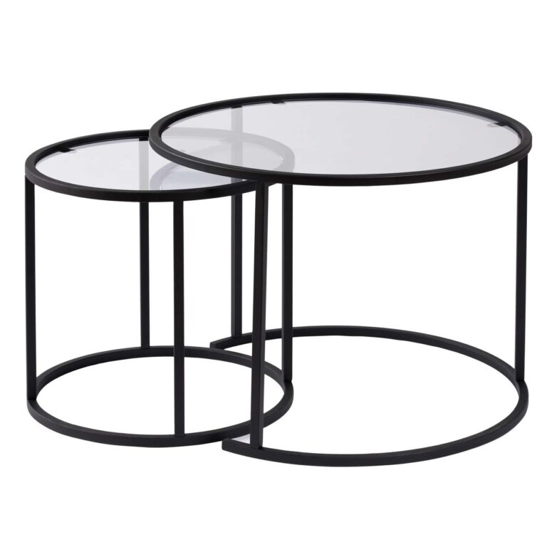 NORDVÄRK Aurum sofabordssæt, rund - klar glas og sort metal (Ø60, Ø42) (Sæt med 2)