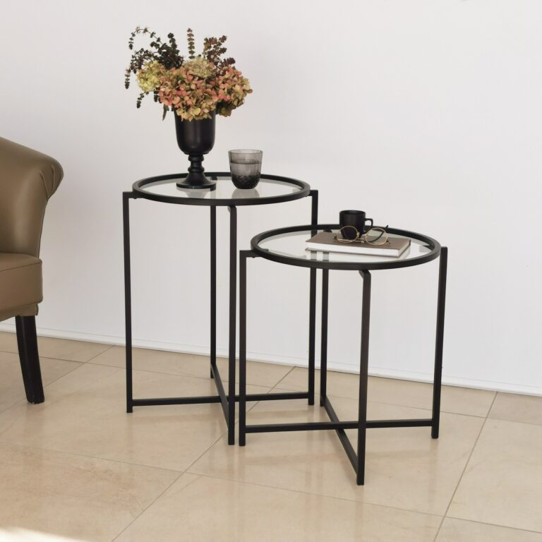 NORDVÄRK S412 sidebord, rund - klar glas og sort metal (sæt med 2)
