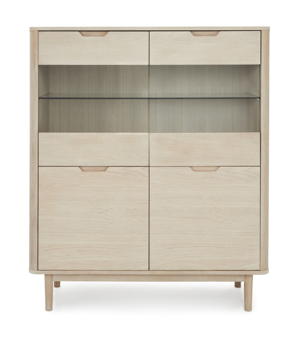 Nyborg høj skænk, m. 4 låger og 3 hylder - glas, hvidolieret egetræsfinér, egetræ og træ