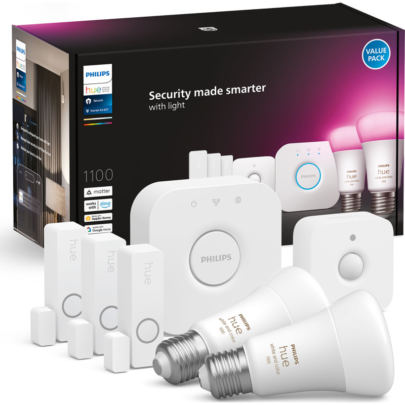 Philips Hue Secure startsæt med pærer, dør- & vinduessensor & bevægelsessensor