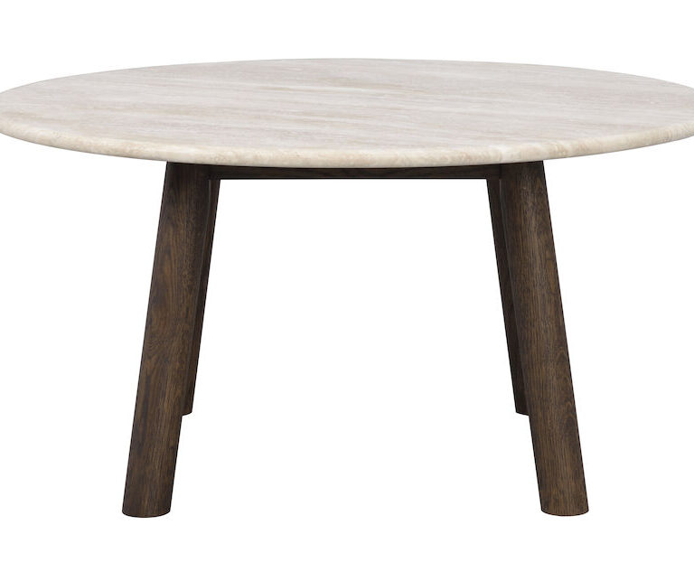 ROWICO Taransay sofabord, rund - beige travertin og brun eg (Ø90)
