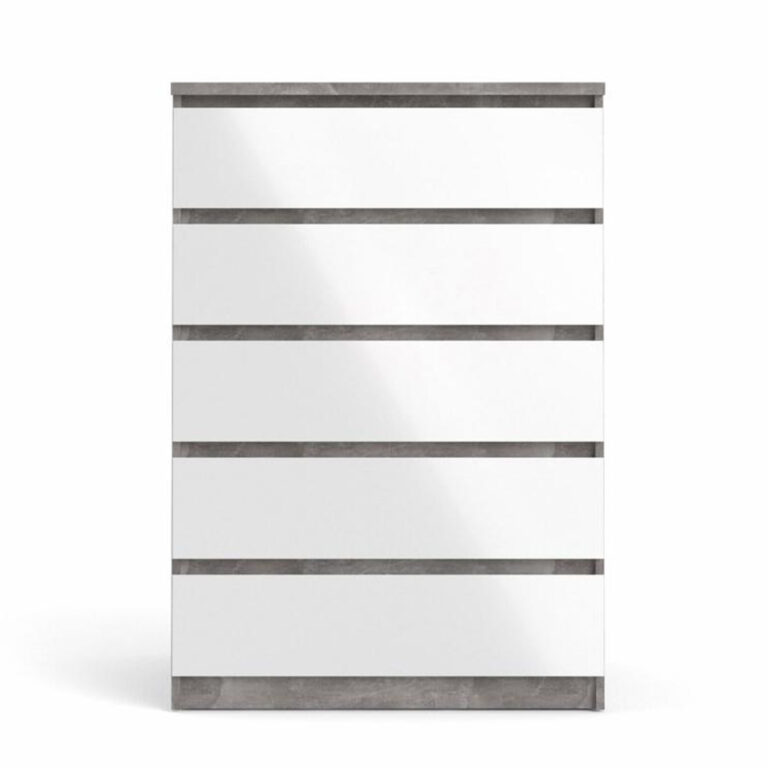 TVILUM Naia kommode, m. 5 skuffer - hvid/grå folie og plastik