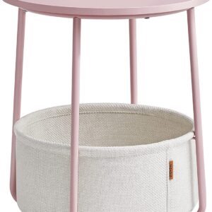 VASAGLE sidebord, rund, m. 1 stofkurv - hvid polyester og pastel pink spånplade/stål (Ø45)