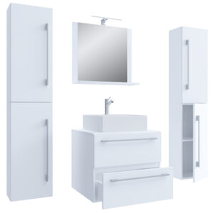 VCM NORDIC Badinos II 60 cm 5-delt vaskeplads, m. spejlskab, håndvask, 3 skabe - hvid melamin