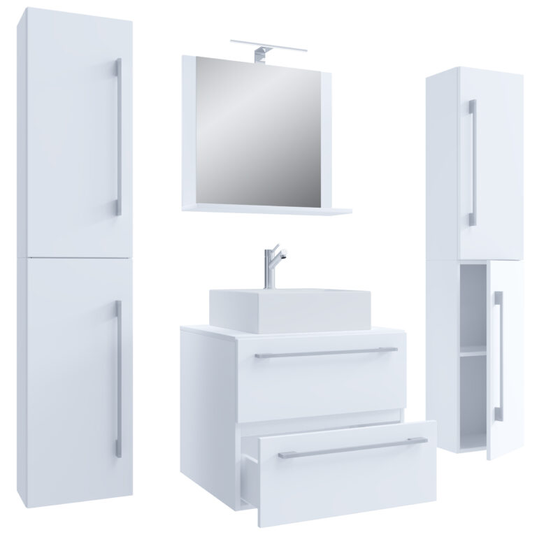 VCM NORDIC Badinos II 60 cm 5-delt vaskeplads, m. spejlskab, håndvask, 3 skabe - hvid melamin