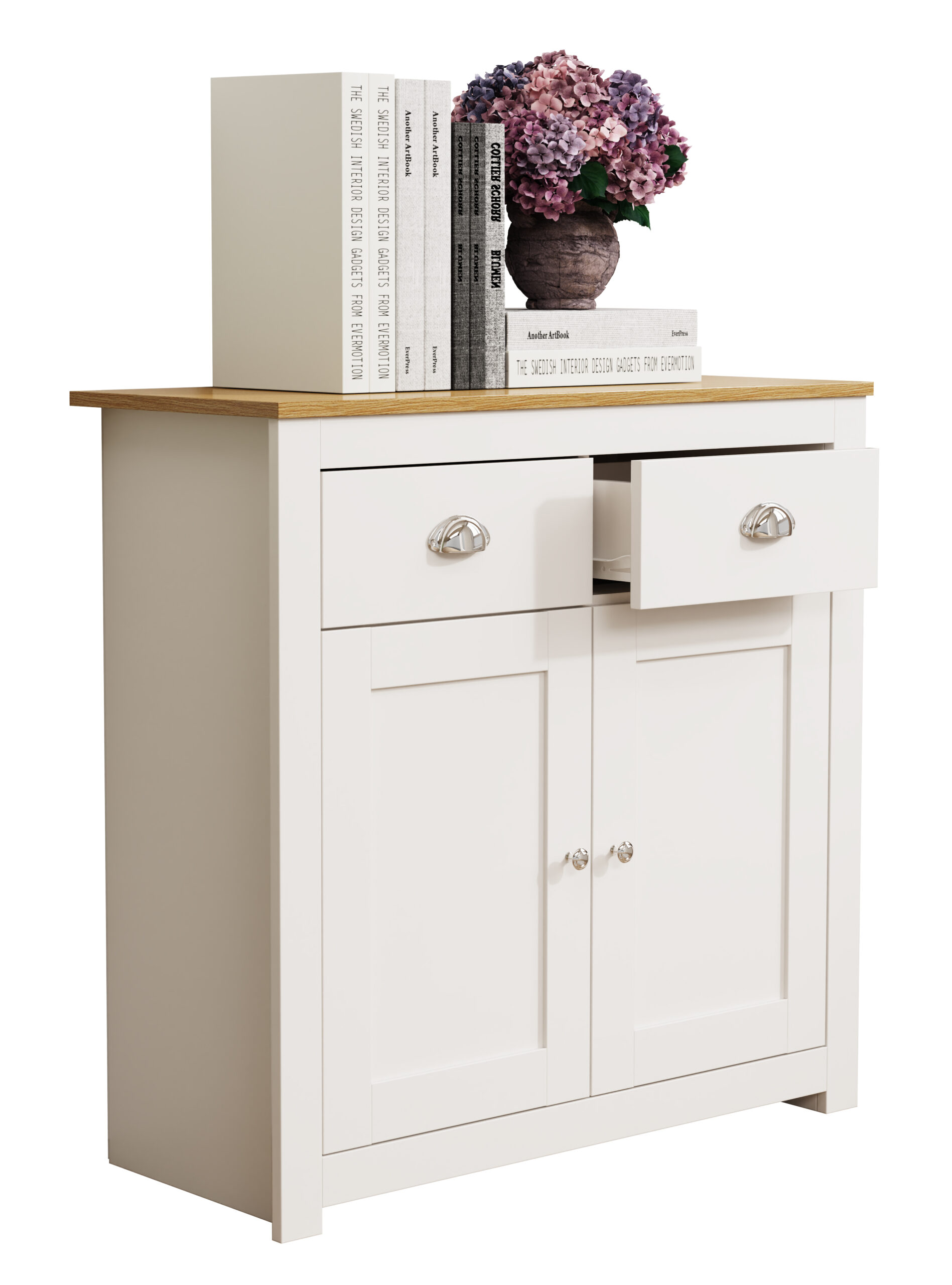 VCM NORDIC Balusa L kommode, m. 2 låger, 2 skuffer og 1 hylde - hvid/natur træ