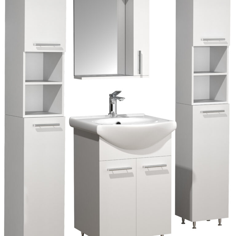 VCM NORDIC Lisalo XL 5-delt vaskeplads, m. spejlskab, håndvask, 3 skabe - hvid melamin