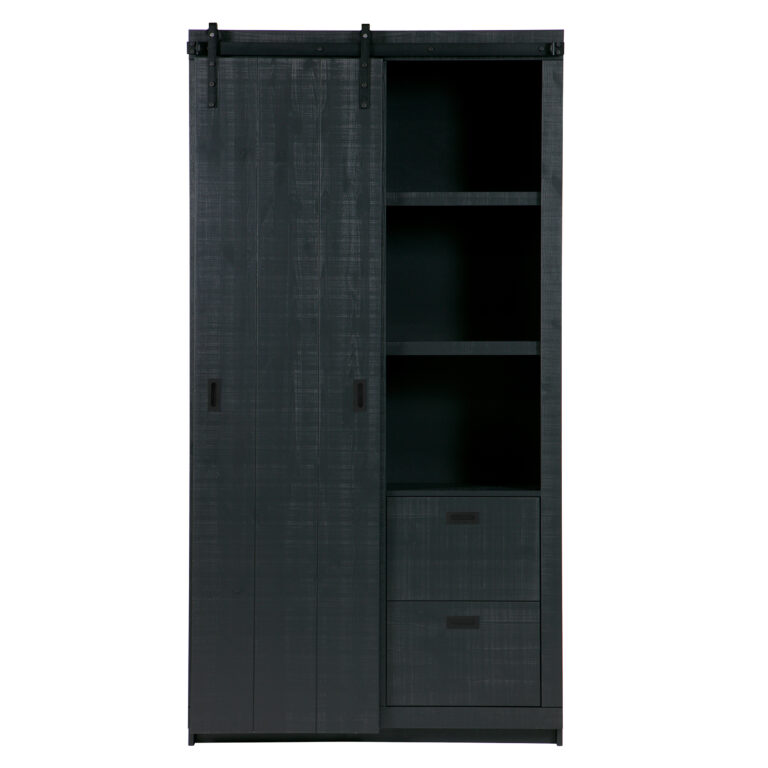 VTWONEN Slide Barn skab, m. 1 skydelåge, 4 skuffer og 4 hylder - sort fyrretræ