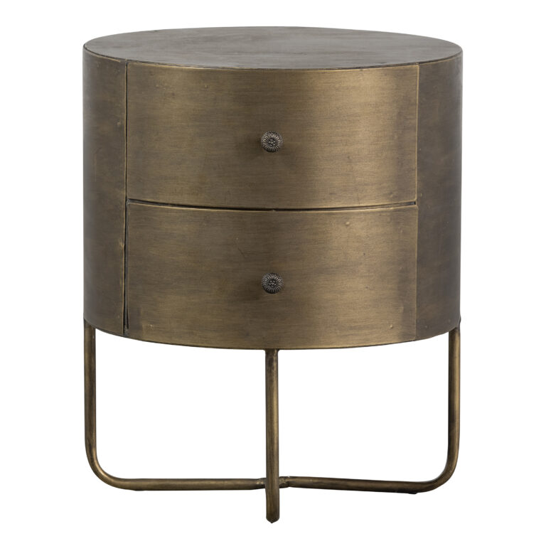 WOOOD Collection kommode, m. 2 skuffer, rund - antik messing metal (Ø39)