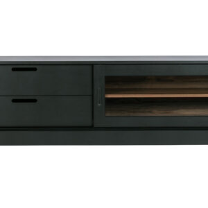 WOOOD EXCLUSIVE James TV-bord, m. 1 skydelåge og 2 skuffer - glas, sort fyrretræ og valnøddeprint